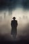 mysterious gangster, private detective silhouette overlooking a foggy industrial era city.