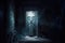 mysterious ghostly figure standing in a moonlit doorway