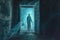 mysterious ghostly figure standing in a moonlit doorway