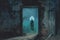 mysterious ghostly figure standing in a moonlit doorway