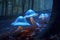 mysterious glow of bioluminescent mushrooms in foggy woods