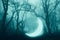 A mysterious glowing crescent moon. Glowing in a magical forest. On a spooky foggy winters night