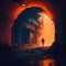 mysterious glowing tunnel in postapocalyptic city of future