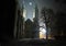 Mysterious gothic cathedral in Plock Poland at night by the moonlight. Cathedral of the Blessed Virgin Mary of Masovia, in Plock.