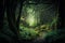 Mysterious green forest with ferns, moss and fog