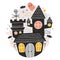 Mysterious haunted castle, cute funny scary ghosts and bats flying around against starry night sky on background. Creepy