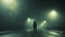 A mysterious hooded figure. Standing in the middle of the road on a spooky foggy winters night