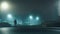 A mysterious hooded man standing in a street on an industrial estate looking at buildings on a misty winters night