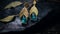 Mysterious Jungle Inspired Blue Tear Drop Earrings With Gold Leaf