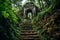 Mysterious jungle ruins lost civilization temples in adventure art style with lush green tones