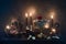 Mysterious looking still life with handmade figure of cake, burning candles, dried rose and pomegranate