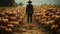 Mysterious man figure wearing hat standing aimless amidst hundreds of large pumpkins in the foggy field - Generative AI