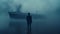 Mysterious Man In Suit Standing On Water In Navy Fog