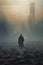 mysterious man walking down a dirt clearing at night. city in the foggy horizon. mystery thriller concept art.