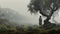 Mysterious Man Walking Through Fog Underneath Old Tree