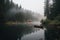 Mysterious misty lake surrounded by tall trees and smoke rising from a distant cabin, with a canoe floating on the calm water