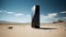 Mysterious monolith made of shiny black metal in the middle of barren desert