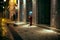 Mysterious narrow night alley with lanterns