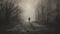 Mysterious Night: A Moody Pencil Drawing Of A Person In Foggy Woods