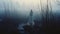 Mysterious Nocturnal Scenes: A Woman\\\'s Melancholic Portrait In A Fog Overgrown Swamp