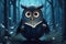 Mysterious owl, wearing a cloak and holding a book of spells, standing in front of a full moon in a creepy forest, big eyes