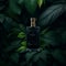 Mysterious perfume bottle embraced by lush, dark green foliage.