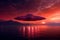 Mysterious phenomenon, Extraterrestrial spaceship in red sky, over tranquil sea