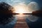 Mysterious pier with magical light and giant moon in the sky. Generative AI