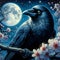 A mysterious raven in a moonlit night, perched on a btanch, with blossoms tree, twinkling stars in sky, painting art, flower