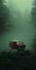 Mysterious Red Volkswagen Van In The Fog: Cinematic Ambulance Still Shot