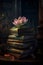 mysterious scene of a beautiful lotus flower on top of a stack of old books in a dimly lit library, generative AI