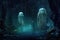 mysterious scene of glowing jellyfish in a dark underwater landscape