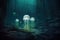 mysterious scene of glowing jellyfish in a dark underwater landscape