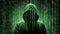 Mysterious silhouette of a hooded hacker beneath a digital green rain of binary code characters