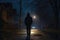 Mysterious Silhouette Of Person Wearing Hoodie, Traversing The Dark Streets Of Neighborhood Under Th
