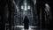 Mysterious silhouette of woman walking in the dark hall of cathedral