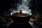 Mysterious simmer Steam rises from a pot in a dark logo