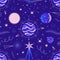 Mysterious space seamless patterns of planets, stars, other celestial bodies