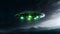 Mysterious spectacle, UFO spaceship glides in night sky, green alien observes