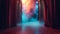 Mysterious stage with velvet curtains and colorful fog. empty space for dramatic effect and theatrical atmosphere. ideal