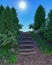 A mysterious stairway in the middle of the forest 3d rendering
