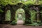 mysterious stone archway with hanging vines