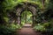 mysterious stone archway leading to lush garden