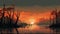 Mysterious Sunset Over Swamp: A Retro 8-bit Mangrove Forest Fireman\\\'s Scene