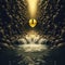 Mysterious Surrealism: A Photorealistic Waterfall Beside A Yellow Button