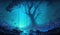 Mysterious tree and glowing bioluminescent purple plants in a misty forest. Generative AI