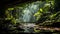 Mysterious tropical rainforest, wet ferns, flowing water generated by AI