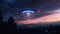 Mysterious UFO sighting in the twilight sky emitting an iridescent glow and mesmerizing light patterns