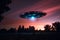 Mysterious UFO sighting in the twilight sky emitting an iridescent glow and mesmerizing light patterns