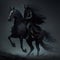 mysterious warrior clad in black armor riding a black horse, fantasy art, AI generation